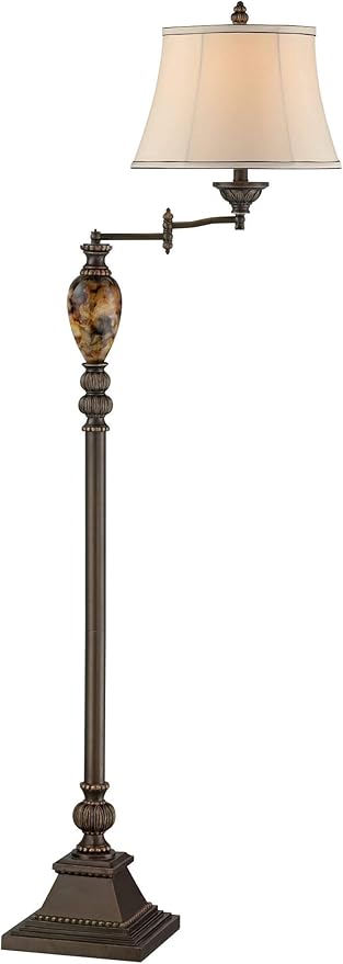 Kathy Ireland Mulholland Rustic Vintage Swing Arm Floor Lamp Standing 61" Tall Bronze Marble Font Ivory Faux Silk Drum Shade Decor for Living Room Reading House Bedroom Home Family Office