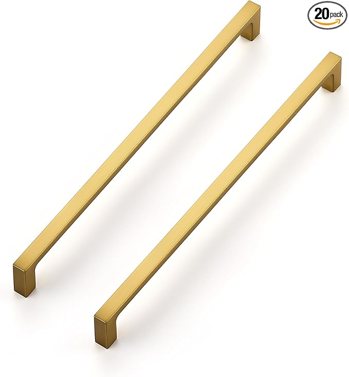 Ravinte 20 Pack 10 Inch Solid Square Cabinet Pulls - Brushed Brass Handles for Kitchen Cabinets & Drawers