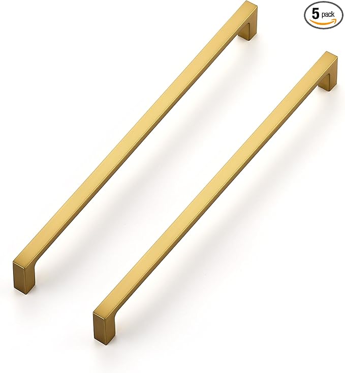 Ravinte 5 Pack 10 Inch Solid Square Cabinet Pulls - Brushed Brass Handles for Kitchen Cabinets & Drawers