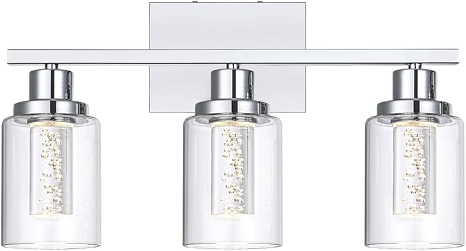 MELUCEE 5 Color Dimmable Vanity Lights 3 Light LED Bathroom Light Fixtures Chrome Bathroom Lights Over Mirror Wall Light Fixtures with Crystal Bubble Clear Glass Shade, Built-in LED Chips