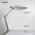 Neatfi Task Lamp – 2,500 Lumens, 30W, 22-Inch Wide Shade, 4 Brightness Levels, Eye-Caring Light, Clamp Mount, LED Task Light for Manicure Table, Crafts, Workbench, Office (Non-CCT, Silver)