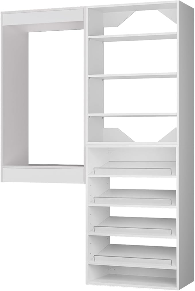 ROOMTEC Modular Closet System, 64" Wall Mounted Closet Organizer with Hanging Rods and Shoe Shelf, Wooden Tower for Walk-In Closets, Wardrobe Storage Kit, White