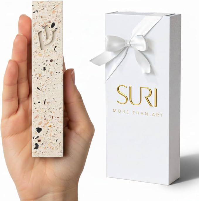 SURI Mezuzah Case – 5 Inch Terrazzo Cream and Pink Concrete Jewish Door Mezuza Cover with Printed Scroll, Self-Stick Adhesive, Fits a 4 Inch Scroll, Gift Box Included