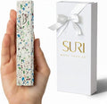 SURI Mezuzah with Printed Scroll for Door – 5 Inch Terrazzo Cream and Turquoise Mezuzah Case, Self-Stick Modern Mezuza Cover, Fits a 4 Inch Scroll, Gift Box Included