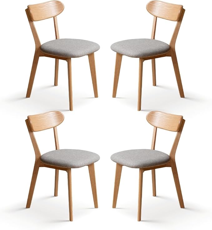 100% Solid Oak Dining Chairs, Mid Century Modern Dining Chair with Curved Backrest, Fabric Upholstered Dining Chairs for Kitchen, Study, Living Room (4, Original Wood-Gray Cushion)