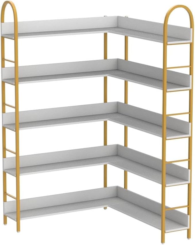 Semoic 5-Tier Gold Bookcase, L-Shape Corner Bookshelf White & Gold, Modern Display Shelf Book Shelves with Adjustable Foot, Freestanding Storage Shelves for Home Office Use