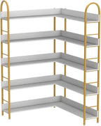 Semoic 5-Tier Gold Bookcase, L-Shape Corner Bookshelf White & Gold, Modern Display Shelf Book Shelves with Adjustable Foot, Freestanding Storage Shelves for Home Office Use