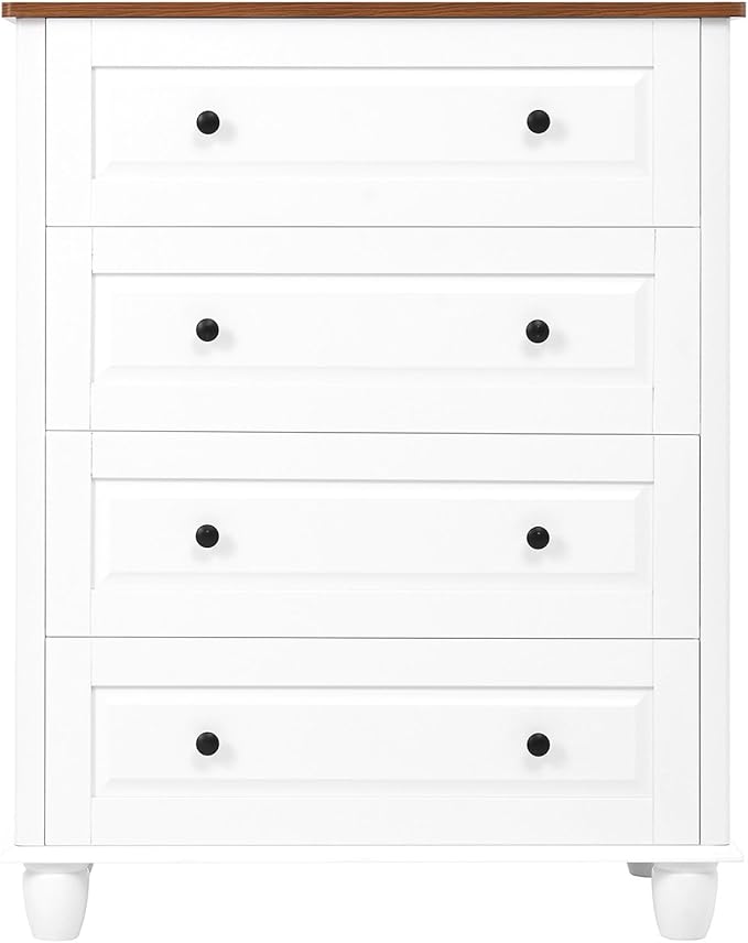 4-Drawer White Storage Cabinet, Wide Dresser with Brushed Metal Handles, Modern Organizer for Living Room, Hallway, Office, Entryway