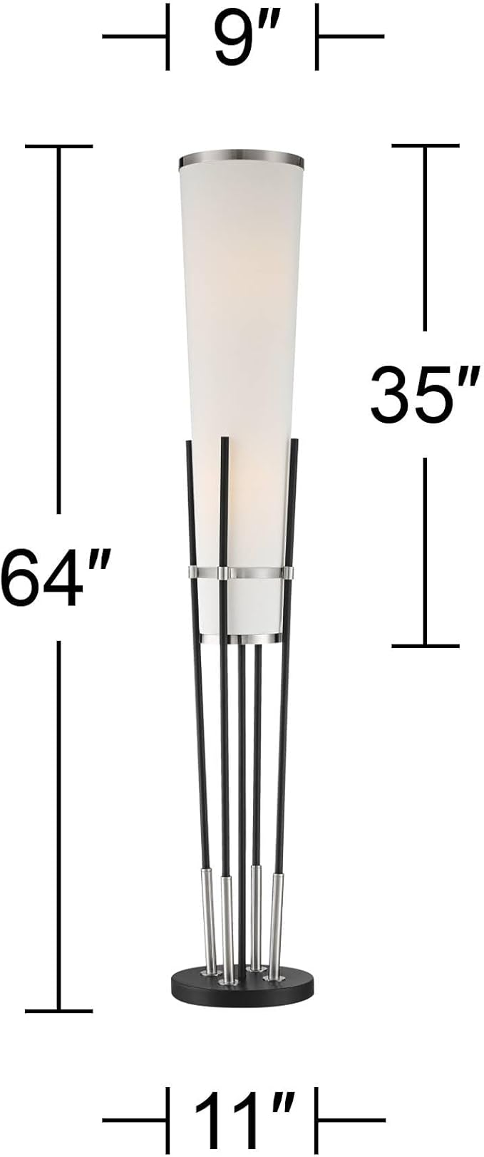Possini Euro Design Flute Mid Century Modern 64" Tall Floor Lamp Standing with Smart Socket Satin Black Brushed Nickel Metal White Linen Shade for Living Room Family Bedroom Office House