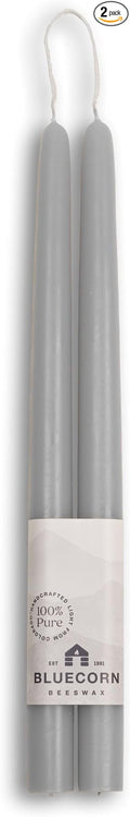 Bluecorn Beeswax Taper Candles, 100% Pure Natural Bees Wax, 12 Inch Pair, Grey Candlesticks, Unscented, Clean Burning & Dripless, Long Lasting, Thanksgiving & Christmas Decor, American Made, 1 Count