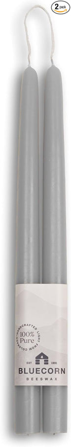 Bluecorn Beeswax Taper Candles, 100% Pure Natural Bees Wax, 12 Inch Pair, Grey Candlesticks, Unscented, Clean Burning & Dripless, Long Lasting, Thanksgiving & Christmas Decor, American Made, 1 Count