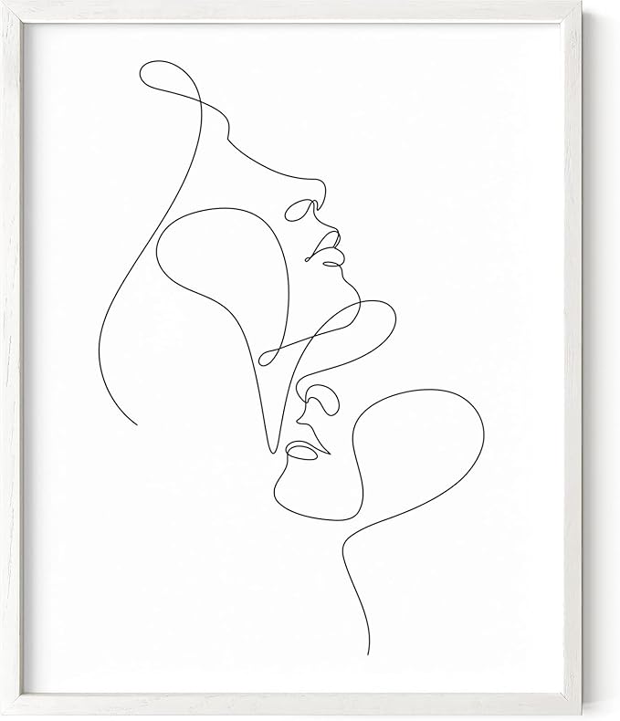 Minimalist Face to Face Wall Art Two Portraits Continuous Line Drawing 8x10 Inch Oak Wood White Framed Modern Aesthetic Profile Print for Bedroom Decor