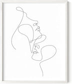 Minimalist Face to Face Wall Art Two Portraits Continuous Line Drawing 8x10 Inch Oak Wood White Framed Modern Aesthetic Profile Print for Bedroom Decor