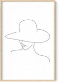 Elegant Woman in Hat Wall Art Minimalist Feminine Profile Continuous Line Drawing 24x36 Inch Oak Wood Beige Framed Chic Fashion Print for Vanity Bedroom