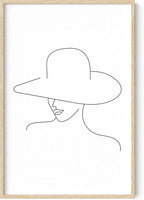 Elegant Woman in Hat Wall Art Minimalist Feminine Profile Continuous Line Drawing 24x36 Inch Oak Wood Beige Framed Chic Fashion Print for Vanity Bedroom