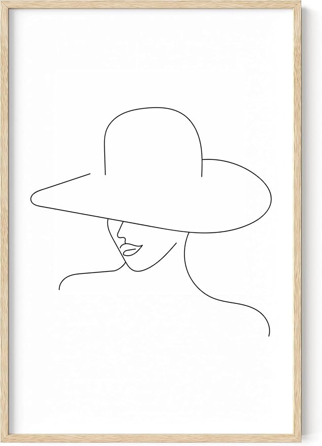 Elegant Woman in Hat Wall Art Minimalist Feminine Profile Continuous Line Drawing 24x36 Inch Oak Wood Beige Framed Chic Fashion Print for Vanity Bedroom