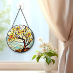 Yellow Blossom Tree Stained Glass Suncatcher Window Hanging Floral Glass Panel Nature Art Home Window Decoration Gift