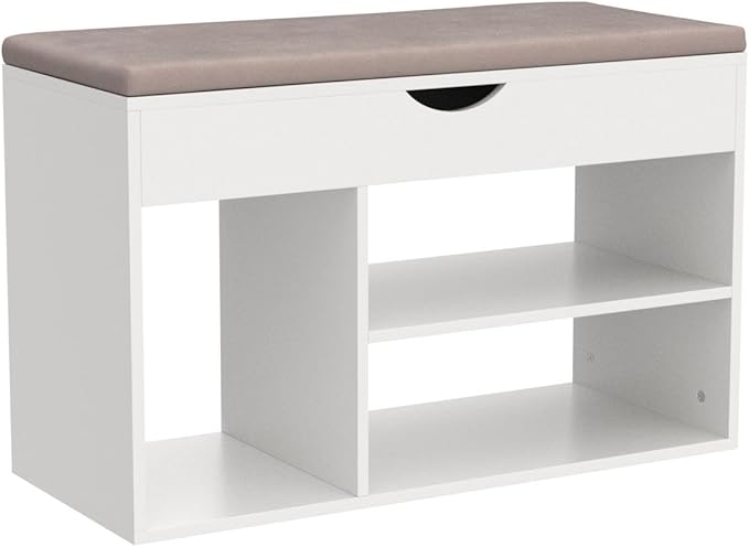 Apicizon 31 Inches Storage Bench, Shoe Bench with Flip Top Storage Space and Padded Cushion, Wooden Entryway Bench for Entryway, Living Room, 2-Tier Shoe Rack Organizer, White