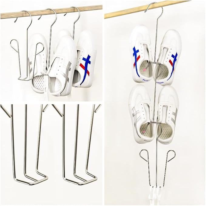 4PCS Shoes Hanger,Stainless Steel Hanger,Multi-Functional Shoe Rack with Double Hook Design, Shoe Drying Rack for Dehumidifying Hanging Leather Shoes (Silver B)
