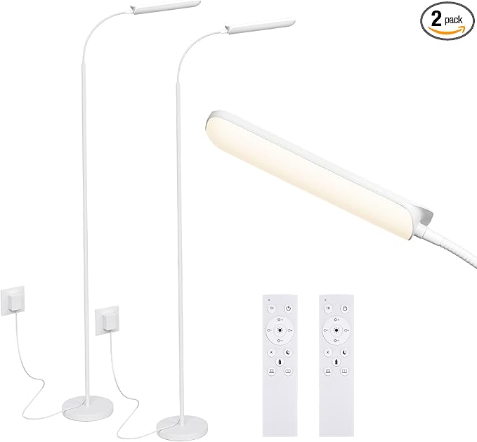 FRIDEKO HOME 2 Pack LED Floor Lamps with Remote, Dimmable Bright Reading Lamp for Crafts, Painting, Office, Bedroom, Flexible Gooseneck Standing Light, 4 Color Temperatures 1800LM Touch Control,White