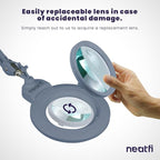 Neatfi XL Bifocal LED Magnifying Lamp – 7-Inch Acrylic Lens, 2.25x & 6X Magnification, 1,600 Lumens, Dimmable LED, Adjustable Arm, Hands-Free Close Work (Gray, with Clamp)
