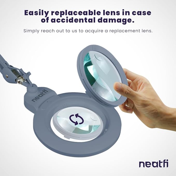 Neatfi XL Bifocal LED Magnifying Lamp – 7-Inch Acrylic Lens, 2.25x & 6X Magnification, 1,600 Lumens, Dimmable LED, Adjustable Arm, Hands-Free Close Work (Gray, with Clamp)