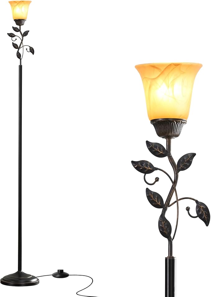 72” Flower Farmhouse Floor Lamp for Living Room, Unique Rustic Leaf Tall Standing Lamp with Amber Glass Shade and Traditional Foot Switch for Bedroom, Corner, Office, Bulb Included (Bronze)