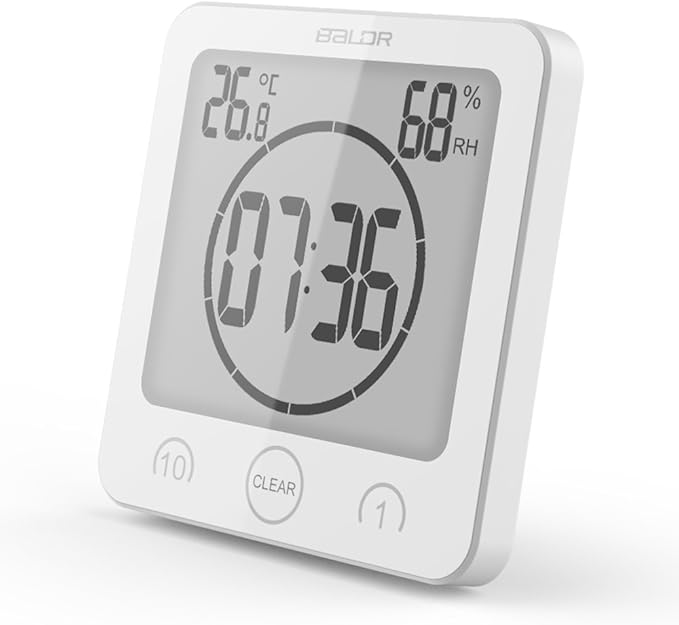 BALDR Digital Bathroom Clocks - 2 Pack Water-Resistant Shower Clock with Timer - Large LCD Display Digital Clock for Shower with Timer, Temperature and Humidity, Wall Clock for Bathroom, Black & White