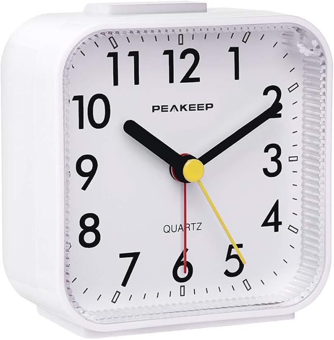 Peakeep Small Battery Operated Analog Travel Alarm Clock Silent No Ticking, Lighted on Demand and Snooze, Beep Sounds, Gentle Wake, Ascending Alarm, Easy Set (White)