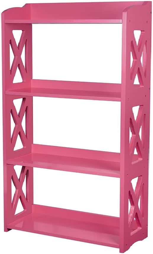 Pink Bookcase by Natural Wood, 4 Tier Bookshelf, Small Book Shelves Freestanding Display Storage Shelves. Open Bookshelf for Bedroom, Living Room and Office (Pink, 4 Tier)