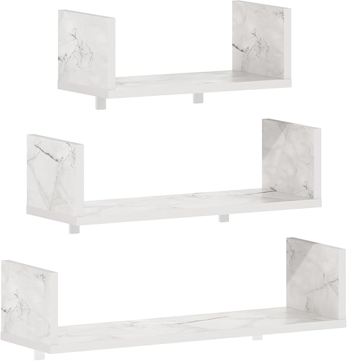 Furinno Rossi Bedroom Decor Wall Mounted Floating Display Shelves with Invisible Brackets, Set of 3, Marble White