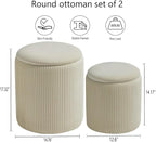 Round Ottoman with Storage Set of 2-Upholstered Velvet Vanity Stool for MakeupMultifunctional Ottomans Coffee Table Padded Seat Foot Rest for Living Room&Bedroom(White-Upgrade Tray Lid)