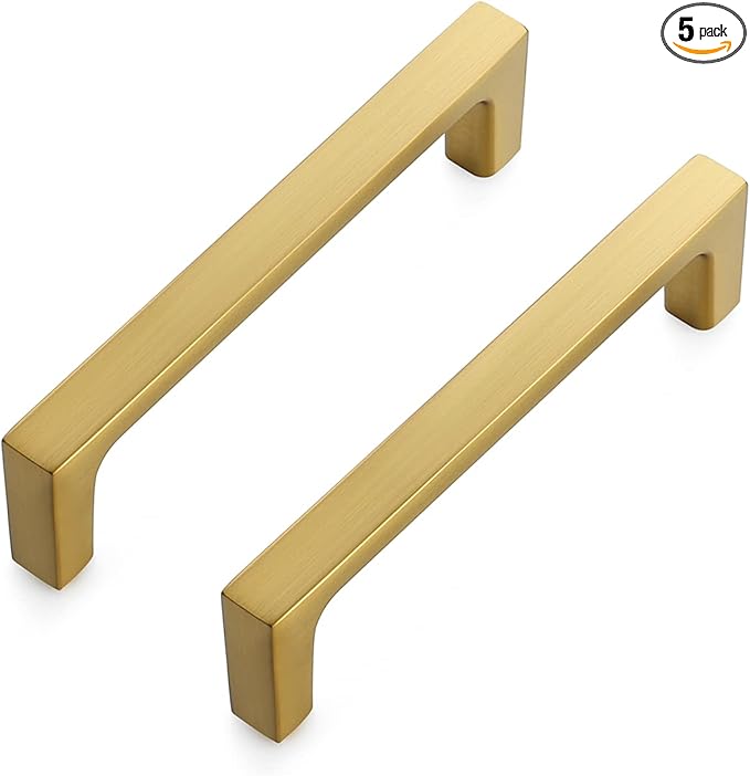 Ravinte 5 Pack Solid 3-3/4 Inch Kitchen Square Cabinet Handles Brushed Brass Drawer Pulls Kitchen Cabinet Hardware Handles