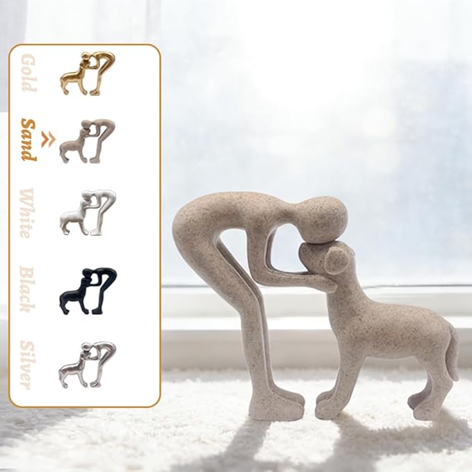 Human and Dog Statue Decoration, Cute Pet Sculpture Home Decor Tabletop Ornament Figurines Office Living Room Bedroom Home, for Dog Lovers Friends Family Decoration, Sandstone Color