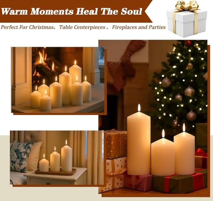 Ivory Pillar Candles Bulk Set of 12, 3 Different Lengths 3 x 3/6/8 Inch (4 Each), Hurricane Candles, Dripless Unscented Smokeless, Gives You a Better Atmosphere When Organizing an Event Party.
