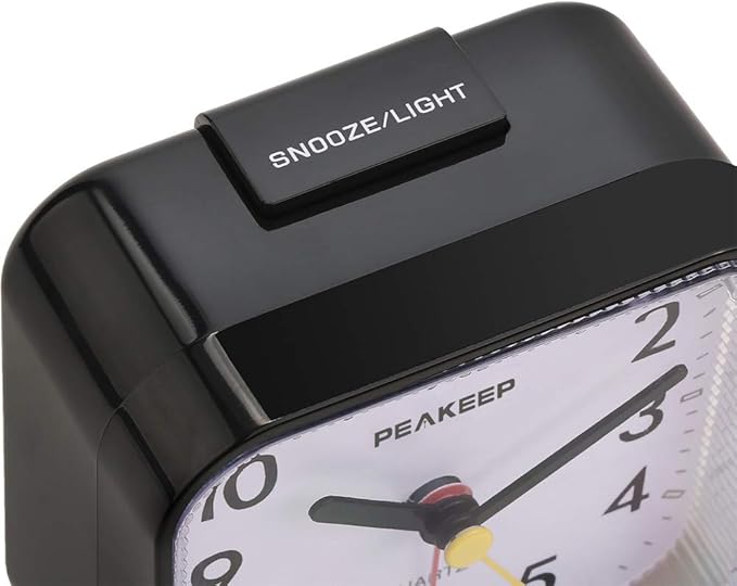Peakeep Small Battery Operated Analog Travel Alarm Clock Silent No Ticking, Lighted on Demand and Snooze, Beep Sounds, Gentle Wake, Ascending Alarm, Easy Set (Black)