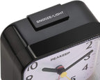 Peakeep Small Battery Operated Analog Travel Alarm Clock Silent No Ticking, Lighted on Demand and Snooze, Beep Sounds, Gentle Wake, Ascending Alarm, Easy Set (Black)