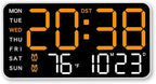 Multifunctional Decorative Led Digital Wall Clock,Large Digital Clock Shows Time,Date,Temperature,Auto Brightness Adjustment,Dual Alarms,Electronic Clock for Livingroom (Orange lamp with white shell)
