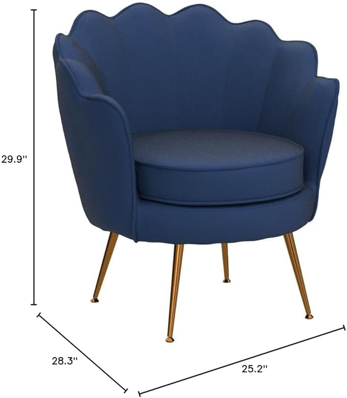 Velvet Barrel Accent Chair with Scalloped Silhouette and Gold Metal Legs, Decorative Piece Suitable for Traditional, Modern, and Contemporary Spaces, Navy Blue