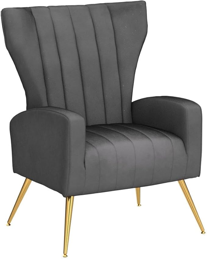 Modern Velvet Accent Chair, Channel Tufted Bedroom, Office or Living Room Furniture with Elegant Metal Legs, 26" Wide Armchair, Grey