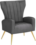 Modern Velvet Accent Chair, Channel Tufted Bedroom, Office or Living Room Furniture with Elegant Metal Legs, 26" Wide Armchair, Grey