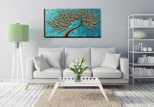 YaSheng Art - Handmade Golden Flowers Artwork Oil Painting On Canvas Texture Palette Knife Abstract Tree Canvas Wall Art Modern Home for Bedroom Living Room Office Wall Decor 24x48inch