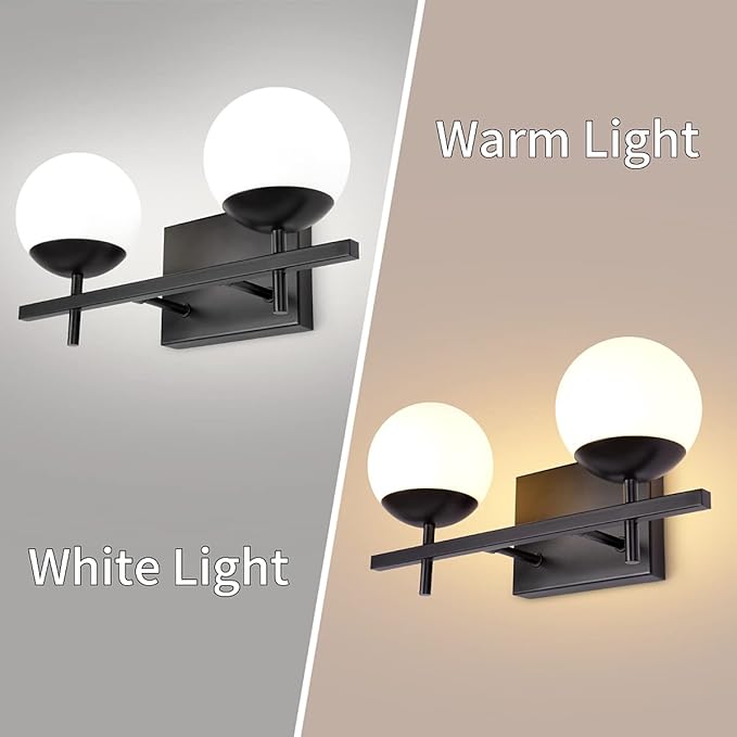 Bathroom Light Fixtures Over Mirror, Black Vanity Lights for Bathroom with White Frosted Glass, 2-Light Modern Vanity Lighting Fixtures Globe Sconces Wall Light for Bedroom Living Room Cabinet