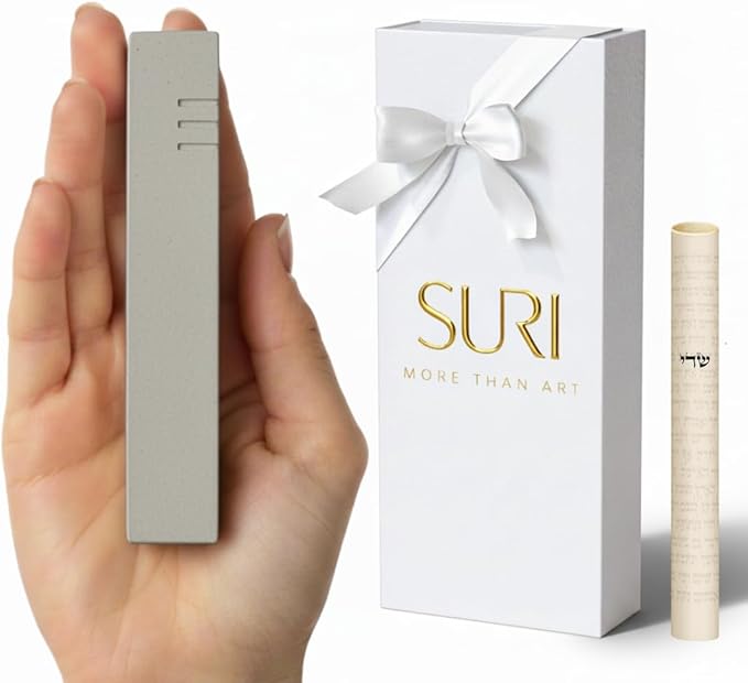 SURI Mezuzah for Door – 4 Inch Gray Concrete Judaica Mezzuzah Case with Non-Kosher Scroll, Self-Stick Adhesive, Gift Box Included, Fits a 3 Inch Scroll