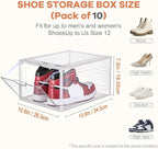 10-pack transparent acrylic shoe boxes, stackable and foldable storage boxes with magnetic snaps, suitable for sneakers, bedroom, dormitory storage, transparent color.