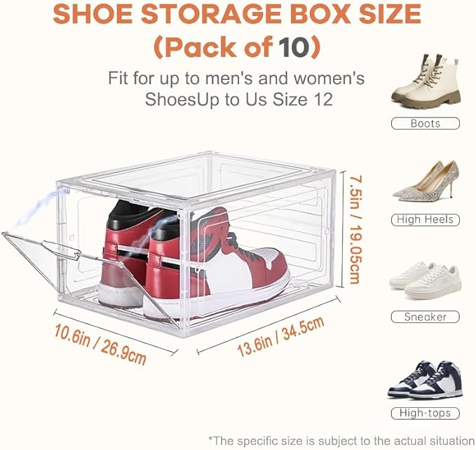 10-pack transparent acrylic shoe boxes, stackable and foldable storage boxes with magnetic snaps, suitable for sneakers, bedroom, dormitory storage, transparent color.