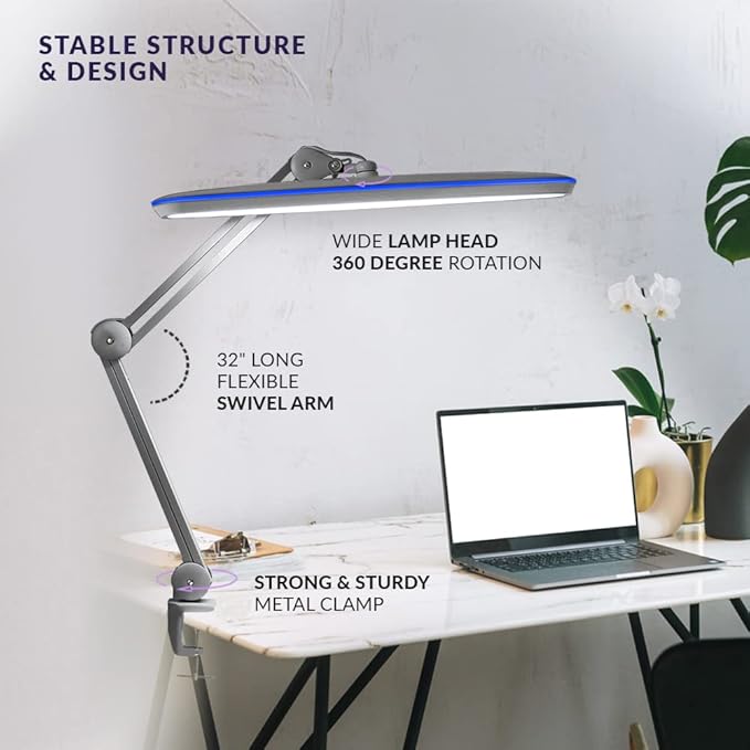 Neatfi XL LED Desk Lamp with Clamp – 2,200 Lumens, 23” Wide, Dimmable Task Light for Office, Study, Crafting & Nail Techs (Non-CCT with Clamp, Silver)