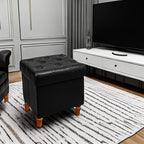 CAROLMADE Folding Storage Ottoman Cube PU Leather Footstool with Wood Legs Ottoman Footrest for Living Room and Bedroom Black, 15x12.6 x 15.4”