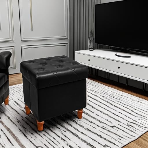 CAROLMADE Folding Storage Ottoman Cube PU Leather Footstool with Wood Legs Ottoman Footrest for Living Room and Bedroom Black, 15x12.6 x 15.4”