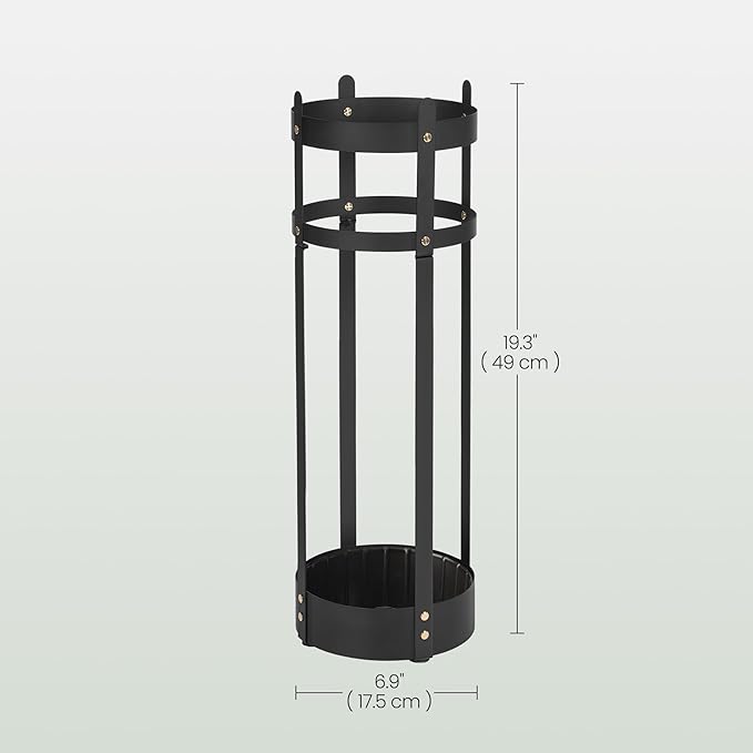 SONGMICS Umbrella Stand, Steel Round Umbrella Holder Rack, 6.9 x 6.9 x 19.3 Inches, with Detachable Drip Tray, for Entryway, Office, Stable, Assembly Required, Matte Black ULUC029B01